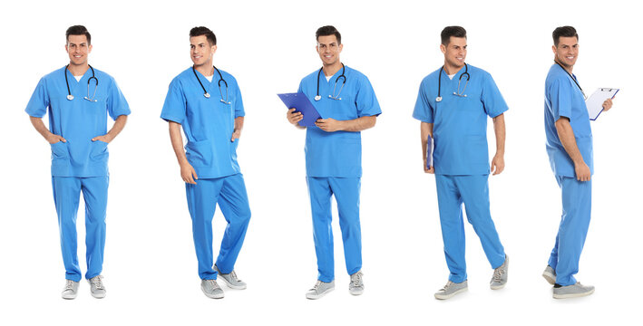 Medical nurse in scrubs on white background, set of photos