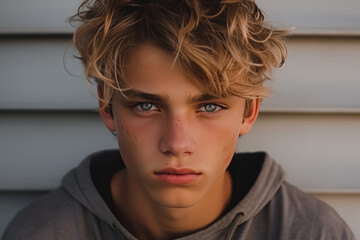 Close-up of a young man with tousled blond hair and piercing blue eyes, wearing a hoodie, exuding a natural and contemplative look.