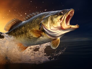 Thrilling Snapshot: Largemouth Bass's Dramatic Leap from Water - Unforgettable Nature Moment Generative AI