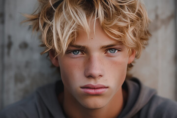 A close-up of a pensive teenage boy with messy blond hair and blue eyes, wearing a hoodie with a neutral backdrop.