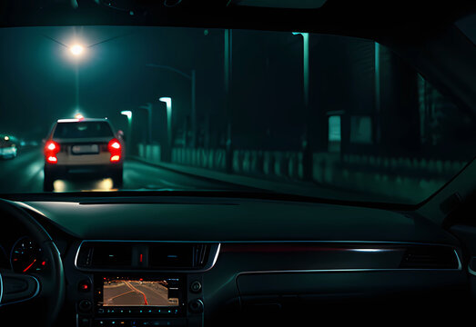 View from inside the car at night