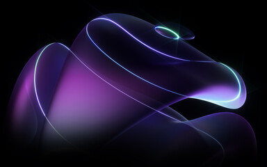 3d render abstract art part of surreal 3d ball or sphere in curve wavy round and spherical lines forms in transparent plastic material with neon glowing purple blue color core on black background
