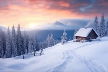 Fotobehang house in the snow winter mountains background beautiful landscape © Pedro