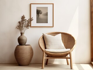 Stunning Rattan Chair Setup: Add Elegance to Your Space with Vase & Frame Decor Generative AI