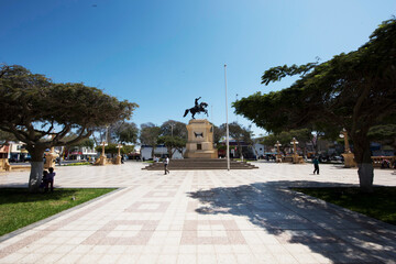Peru Pisco main square with sculpture and monument of General San Martin representing the landing...