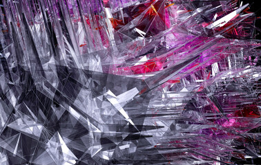 3d render abstract art 3d background with part of surreal fractal alien cube or box based on triangles pyramids shapes with sharp needles and spikes in broken glass material in red and purple color 