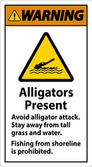 Alligator Warning Sign, Danger - Alligators Present, Avoid Alligator Attack, Stay Away, Fishing From Shoreline is Prohibited