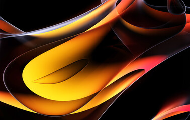 3d render abstract art parts of surreal alien flowers in curve wavy round and spherical lines forms in transparent plastic material with glowing red yellow and orange color inside on black background