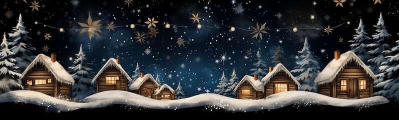 Christmas or new year village in snow, golden stars shining in the sky, tree fairy lights garlands, festive spirit magic scenery, dream setting decorative frieze, border or banner on black background 