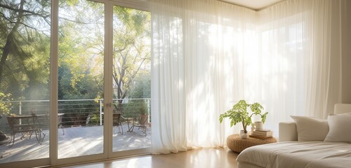 Design a room that embraces natural light with large windows and sheer curtains. Photograph it during daylight to capture the sunlight streaming in. - obrazy, fototapety, plakaty