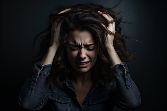 Young woman feels a sharp headache, clutching her head with her hands against a dark backdrop.