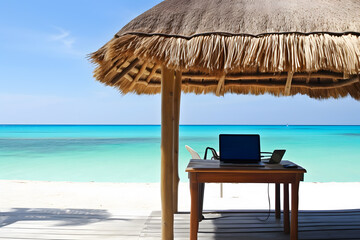 Fototapeta premium Laptop on the beach, freelancing concept. Neural network AI generated