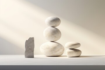 Artistry Unveiled: Stunning Trio of Stone Sculptures on a Pristine White Table Generative AI