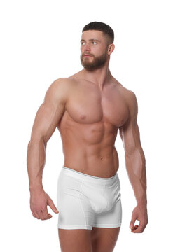 Young man is stylish underwear on white background