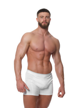 Young man is stylish underwear on white background