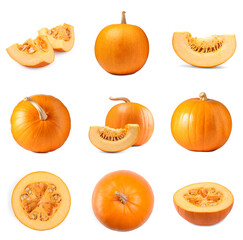 Whole and cut fresh ripe pumpkins isolated on white, set