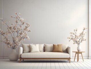 Experience Luxury: Modern White Couch Set in a Sunlit Room Featuring an Elegant Indoor Tree Generative AI