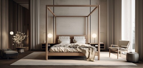 An elegant bedroom with a minimalist four-poster bed.