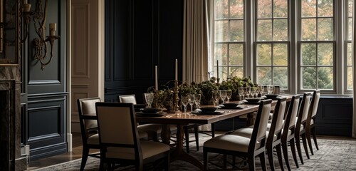An elegant dining room with a long wooden table and black chairs.