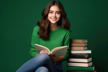 Smiling young woman student  sits cross-legged, surrounded by stacks of books on green background. Concept education, learning and literature.World book day. World writer's day. Working from home
