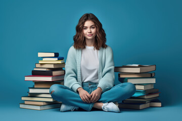 A thoughtful young woman sits cross-legged, surrounded by stacks of books on blue background.Concept education, learning and literature.World book day. World writer's day. Working from home.