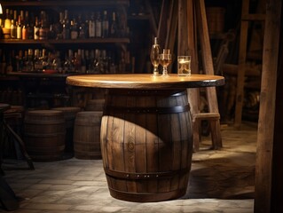 Experience Vintage Elegance: Authentic Wooden Cellar Table Masterpiece in Rustic Background Generative AI