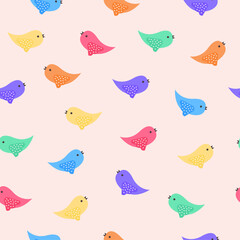Seamless pattern with colorful cute birds on a light pink background. Geometric style. Vector.