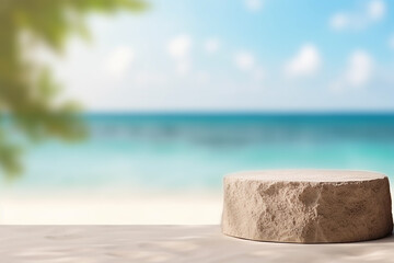 Fototapeta na wymiar Abstract Stone Podium on Summer Sand and Tropical Sea Background - Coastal Elegance, Created with Generative AI Tools