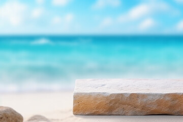Fototapeta na wymiar Abstract Stone Podium on Summer Sand and Tropical Sea Background - Coastal Elegance, Created with Generative AI Tools
