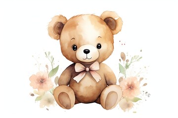 Obraz na płótnie Canvas Brown bear cub with bow and flowers on white background
