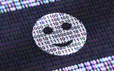 Smile icon. Binary code ( array of bits ) in the screen. 3D Illustration.