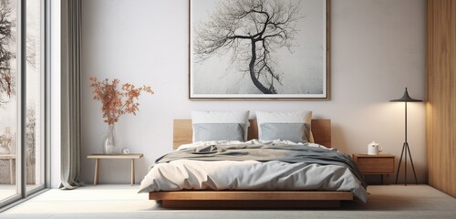 A simple bedroom with a bed and a single piece of wall art. - obrazy, fototapety, plakaty
