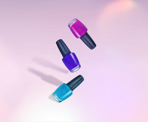 A Trio of Nail Polish Floating in Air, Beauty Packaging, Cosmetics