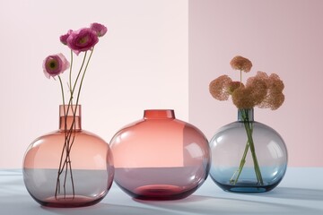 Round glass transparent interior decorative vases with plants branches. Generative AI