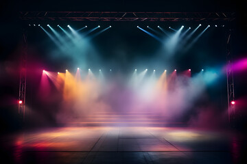 Beautiful Illuminated empty Stage with colorful lighting and smoke on a black background. Copy space