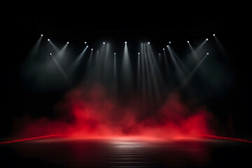 Beautiful Illuminated empty Stage with red lighting and smoke on a black background. Copy space
