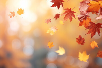 Naklejka na ściany i meble Falling Autumn Maple Leaves Blur Natural Background - Seasonal Foliage Captured with Generative AI Tools