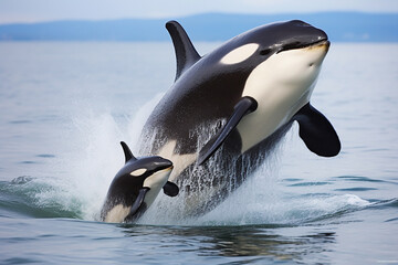 Obraz premium Female Killer Whale (Orcinus Orca) with Calf Breaching - Created with Generative AI Tools