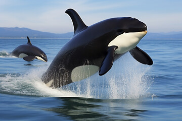 Fototapeta premium Female Killer Whale (Orcinus Orca) with Calf Breaching - Created with Generative AI Tools
