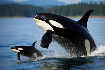 Fototapeta premium Female Killer Whale (Orcinus Orca) with Calf Breaching - Created with Generative AI Tools
