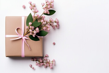 Gifts, Pink Flowers, and Eucalyptus Branches on Wooden White Background - Created with Generative AI Tools
