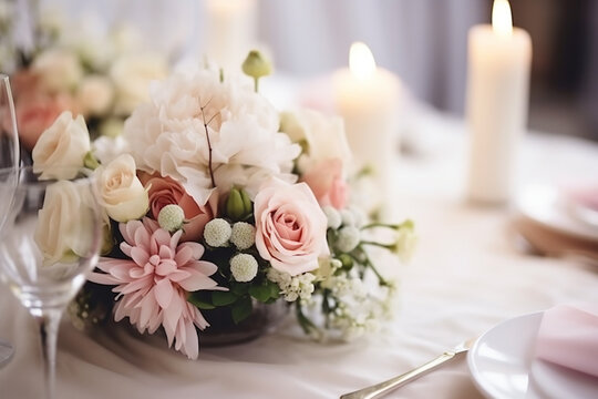Elegant Wedding Day: Beautiful Flowers Adorning the Table - Created with Advanced AI Techniques