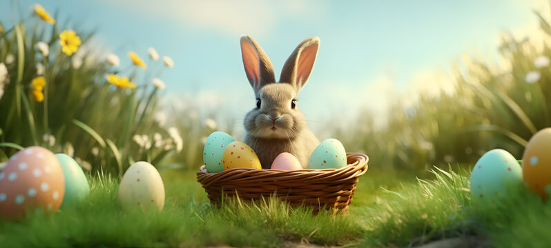 Background of an Easter bunny in a basket full of easter eggs. Happy easter