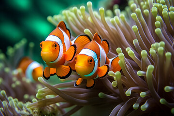 Vibrant Western Clown Anemonefish in Tropical Waters - Created with Generative AI Tools - obrazy, fototapety, plakaty