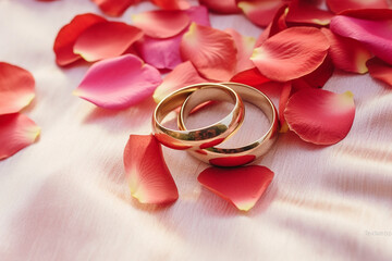 Whimsical Romance: Creative Love Concept with Pink and Red Rose Petals, Gold Wedding Rings - Created with Advanced AI Techniques