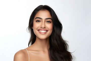 Closeup Portrait of a young beautiful asian indian woman smiling with her clean healthy teeth on a white background. Dental ad. Advertising concept