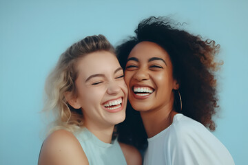Portrait of two cheerful diverse female friends hugging and laughing on a light blue background