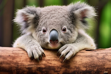Obraz premium Young Koala (Phascolarctos cinereus) Laying on Branch - Created with Generative AI Tools