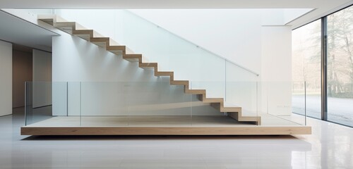A minimalist staircase with a clear glass railing.
