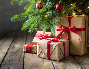 Fototapeta na wymiar Christmas gifts under Christmas tree on rustic wooden floor